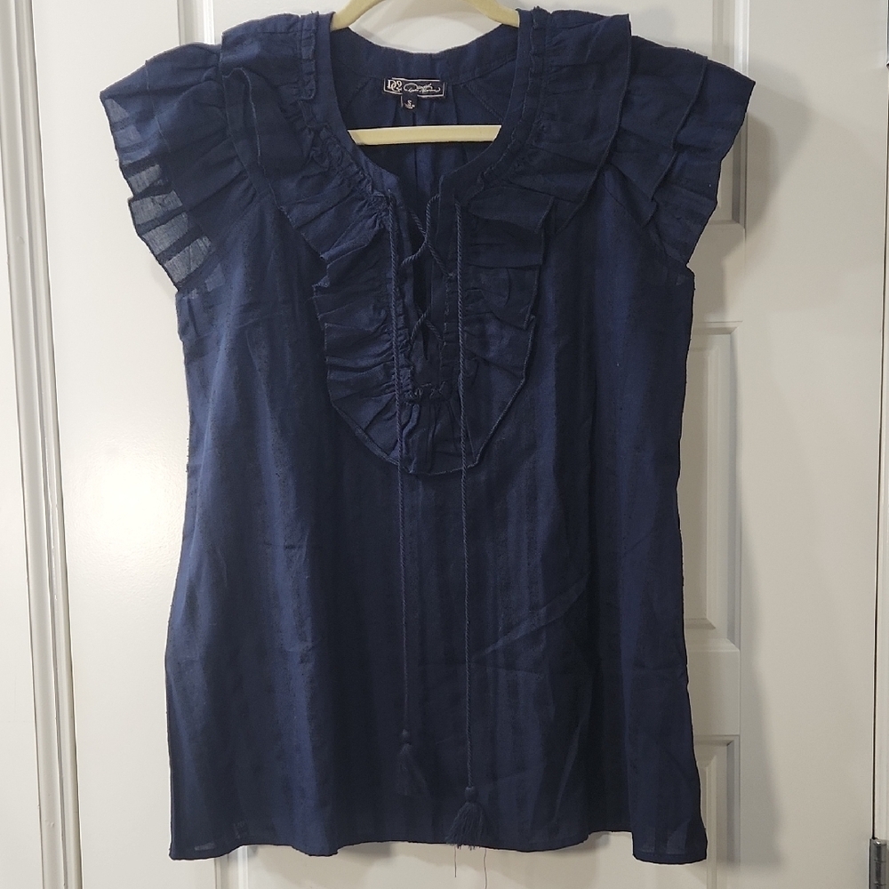 DG2 by Diane Gilman Navy Ruffle Sleeve Blouse